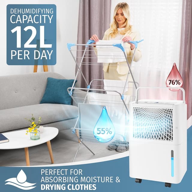 Detalle de Nyxi 12L Per Day Dehumidifier with Digital Humidity Sensor, 24hr Timer & Continuous Drainage (12L/day)