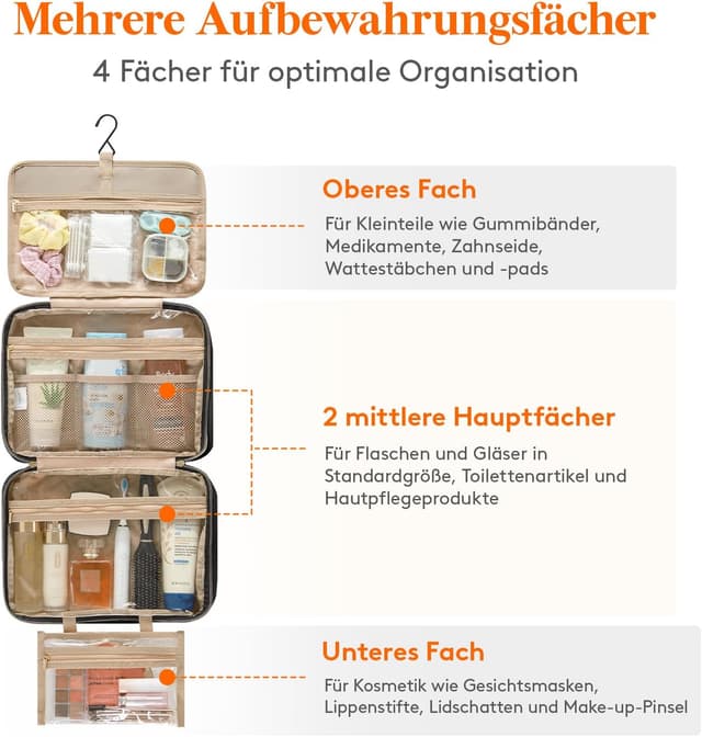 Detalle de Lifewit Reise-Kulturbeutel Damen (groß) mit Haken – transparente Schminktasche Schwarz