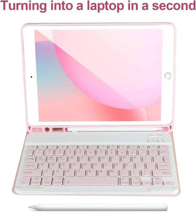 Detalle de APHBZGE Keyboard Case for iPad 9/8/7th Gen 10.2" – detachable Bluetooth keyboard, auto wake, pencil holder (Pink)