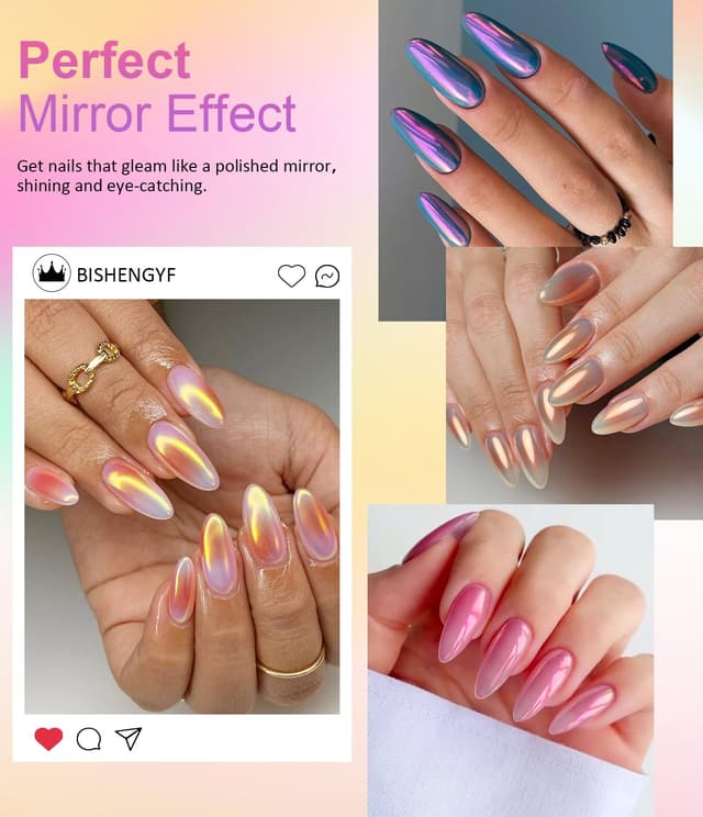 Detalle de BISHENGYF Weißes Chrome Nail Powder (Aurora Pearl/Glazed Donut/Holo Spiegel) – 4er-Set für Gel- & DIY-Nägel