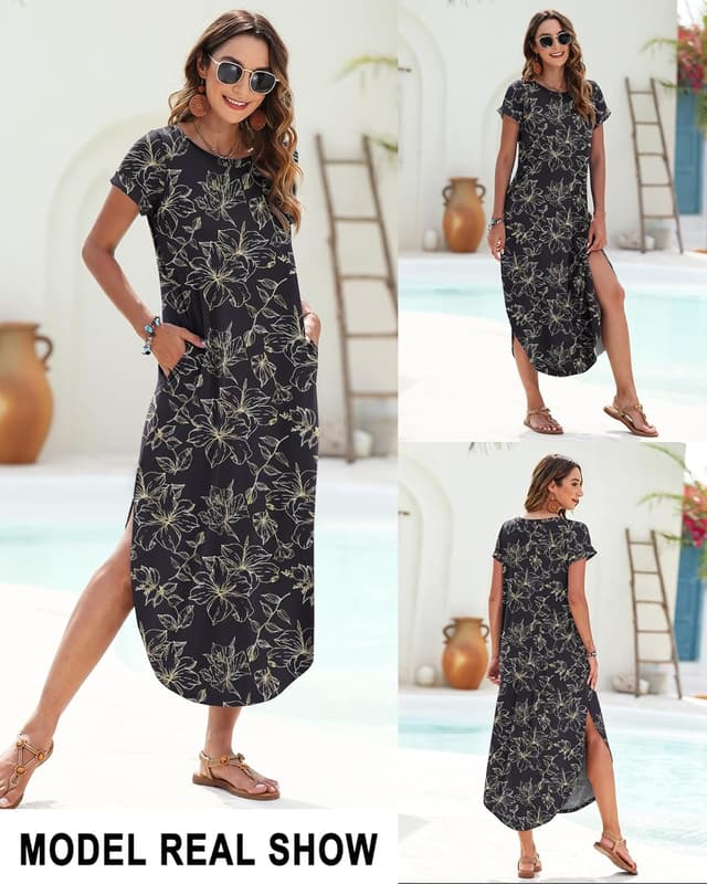 Detalle 2 de PLOKNRD robe d’été col rond à manches courtes et poches – maxi longue fendue à porter en vacances