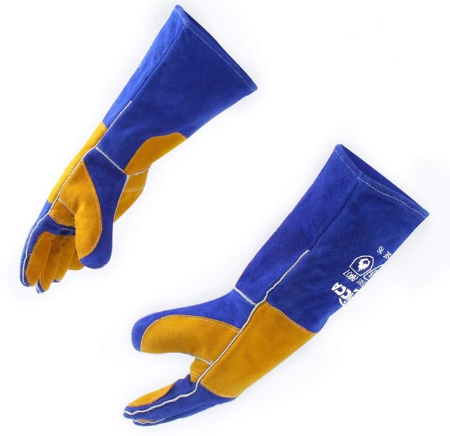 Detalle de RAPICCA Welding Gloves Fire Heat Resistant (Blue) 16IN, 932°F Leather Cover for MIG/Flux-Core/SMAW & forge work
