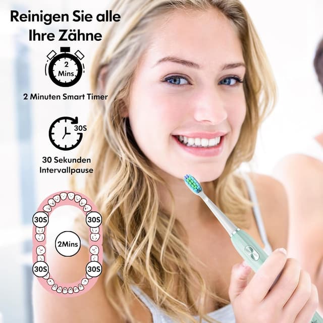 Detalle de DADA-TECH Schallzahnbürste mit 5 Putzmodi, Timer und 9 Zahnbürstenköpfen (Grün)