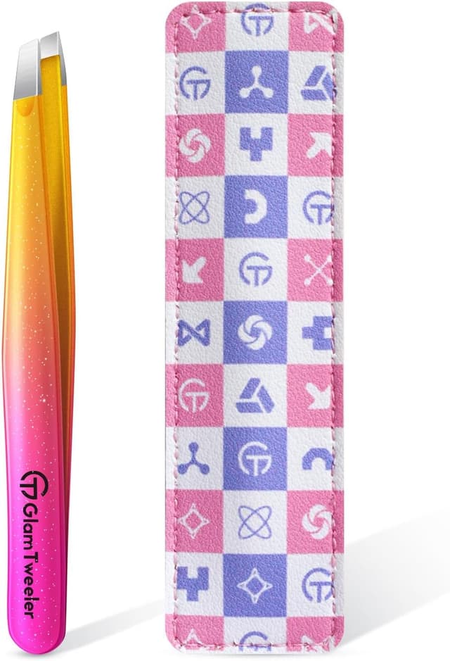 Detalle de GlamTweeler Expert Eyebrow Hair Removal Tweezer with Leather Case (Sparkle Fuchsia & Yellow) – Slant Tip Stainless Steel