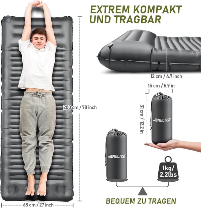 Detalle de JEMULICE Isomatte Camping (200×68×12 cm) mit Fußpumpe – ultradicke, wasserdichte Schlafmatte fürs Zelt