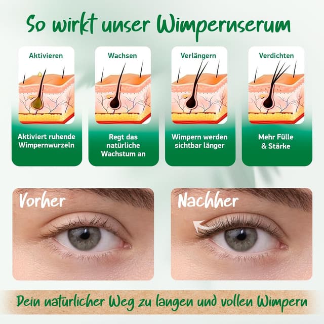 Detalle de BIO Wimpernserum (100% natürlich, hormonfrei) mit 6 BIO Ölen – Lash Wachstumsserum gegen Wimpernausfall