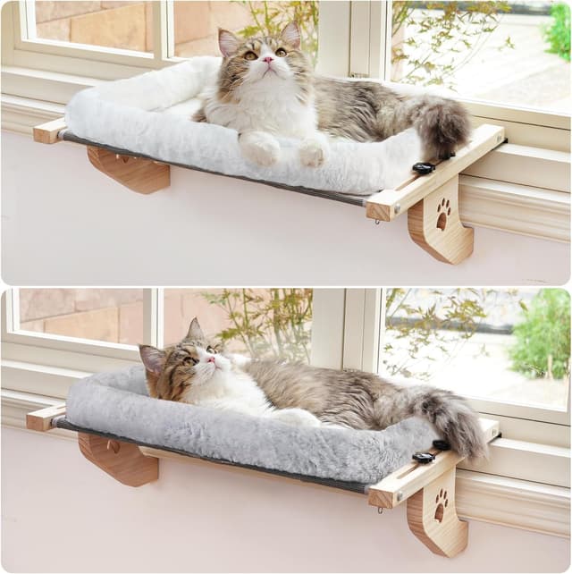 Detalle de AMOSIJOY Cat Sill Window Perch Hammock Seat with Cushion (L) — Adjustable, No-Drill Window Mount for Large Cats