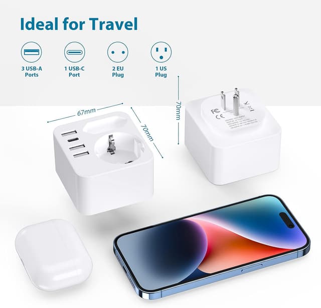 Detalle de USA Reiseadapter mit 3 USB + USB-C (bis 3,4 A) für Deutschland/Europa-Stecker