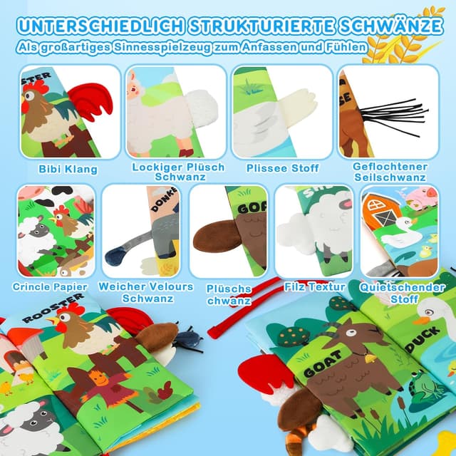 Detalle de BBWOO Babybuch mit Knister-, Stoff- und Fühl-Elementen – Quiet Book mit Beißring für Babys ab 0+ Monaten