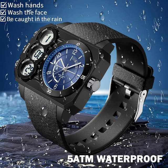 Detalle 2 de findtime Herrenquadratische Digital-Analog-Uhr mit 3 Zeitzonen und LED-Beleuchtung