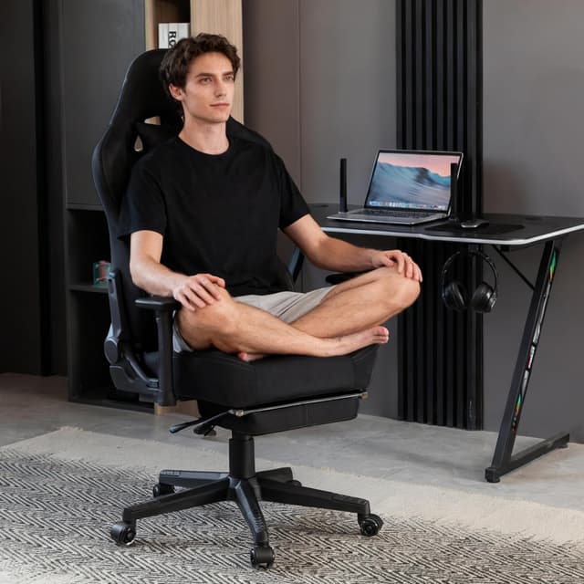 Detalle de Symino Gaming-Stuhl mit Latex-Sitzkissen, Memory-Schaum-Lendenstütze & 300 kg Belastbarkeit – schwarz