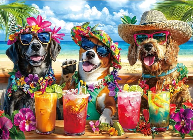 Detalle de 1000-Piece Tropical Dogs Beach Party Jigsaw Puzzle for Adults (Hawaiian Vacation Theme)