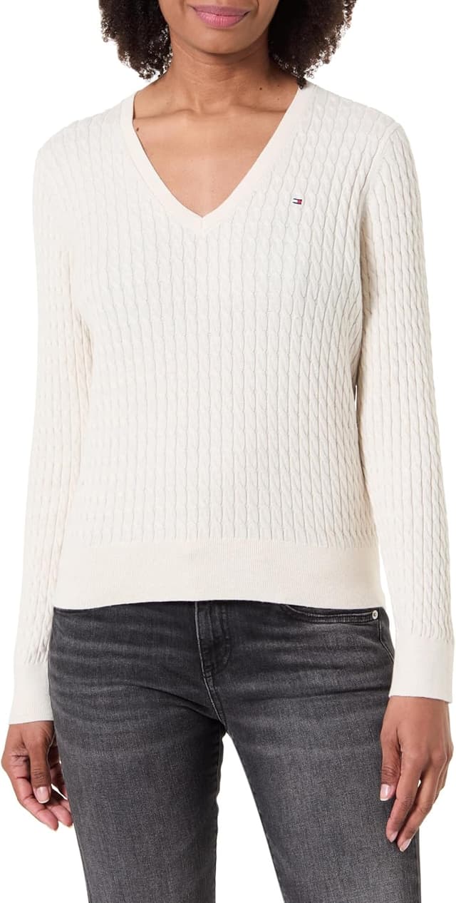 Detalle de Tommy Hilfiger Women’s Co Cable Fine GG V-neck Long Sleeve Pullover Sweater (WW0WW44987)