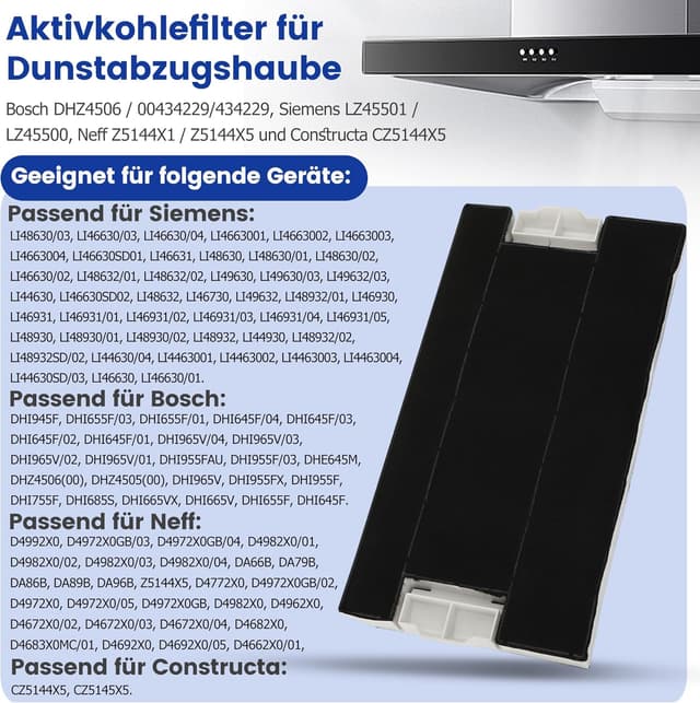 Detalle 2 de Aktivkohlefilter für Dunstabzugshauben – kompatibel u. a. mit Bosch DHZ4506, Siemens LZ45501/45500, Neff Z5144X1/X5