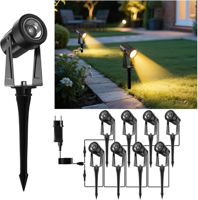 Detalle de GLOBELIT LED Gartenstrahler 8er-Set mit 27 m Kabel, IP65, 3000K und 30° Strahlwinkel (360° einstellbar)