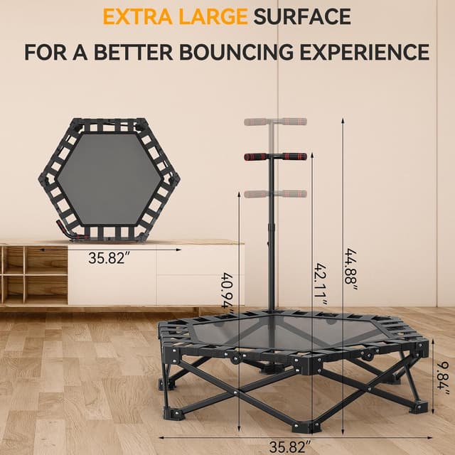 Detalle de Foldable Trampoline for Adults 42" Rebounder with Adjustable Foam Handle – Indoor/Outdoor Fitness