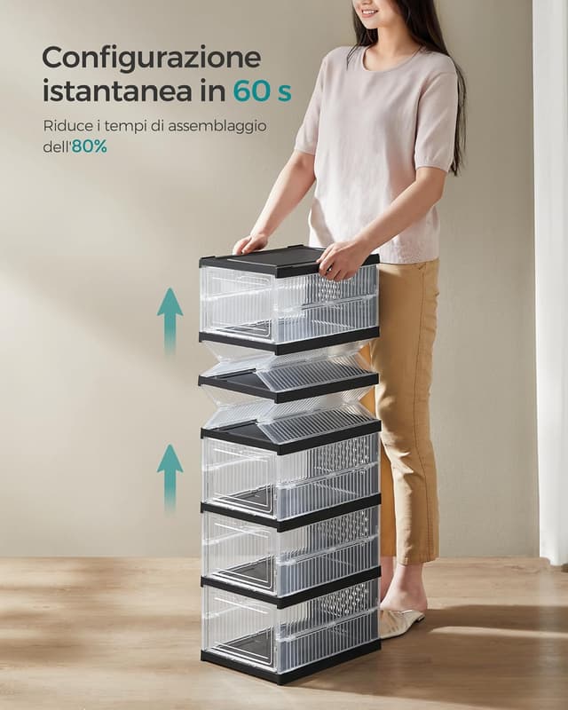 Detalle de SONGMICS LSP205B01: set di 6 scatole porta scarpe impilabili, pieghevoli e componibili fino alla taglia 46