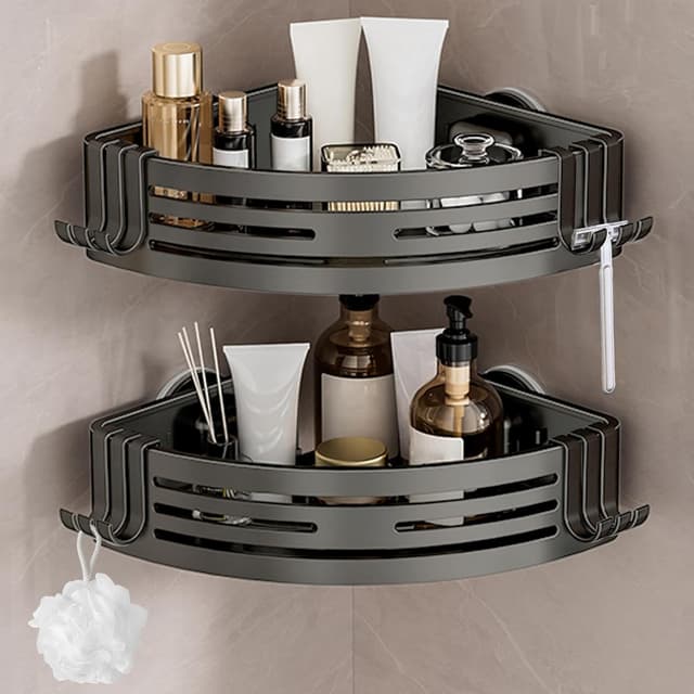 Detalle de Lekesky Corner Shower Caddy Suction Cup (Aluminium) with Hooks, No-Drill Corner Shelf, Gunmetal Grey, 2-Pack