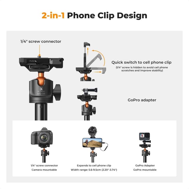 Detalle de K&F CONCEPT 62" Selfie Stick Tripod with Remote