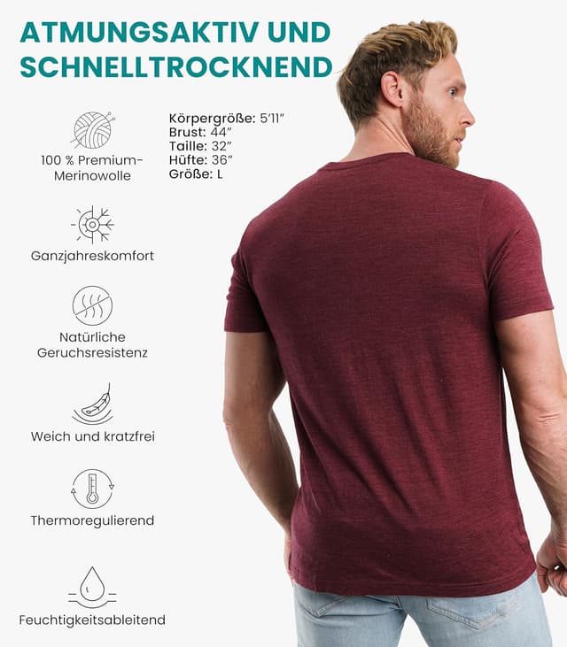 Detalle de 100% Merino Kurzarm-T-Shirt für Herren (Lightweight, Merinowolle) – sportlich & atmungsaktiv