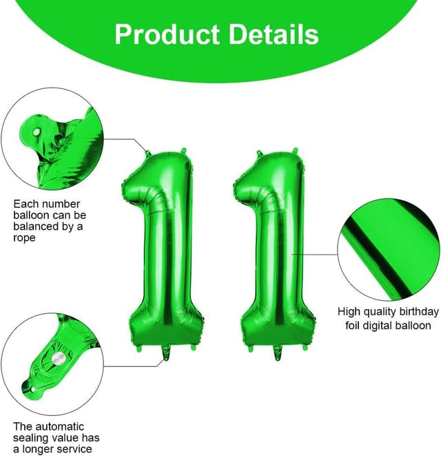 Detalle de OFFCUP Luftballon Zahl 11 in Grün (101 cm) – Folienballon zum Geburtstag & Feiern