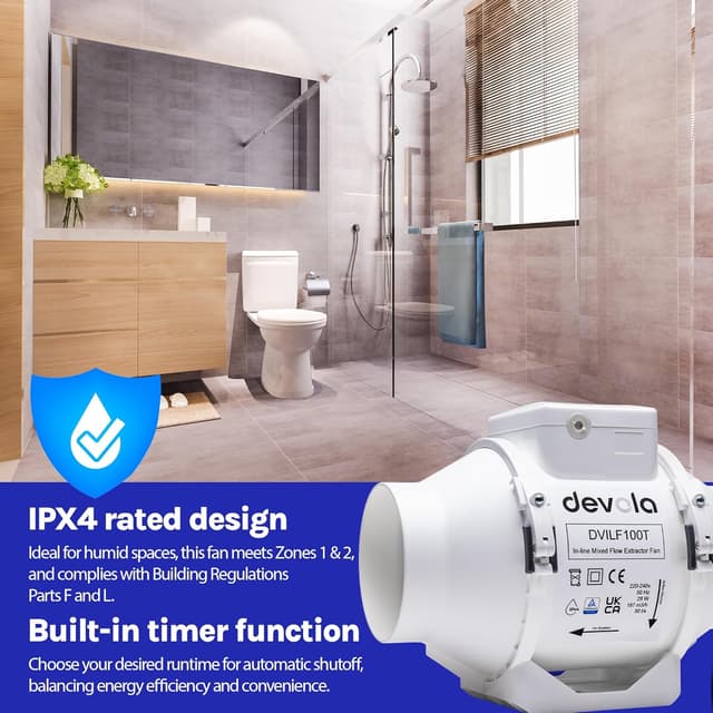 Detalle de Devola DVILF100T 100mm Inline Mixed Flow Extractor Fan with Timer (4 inch) – made in Britain
