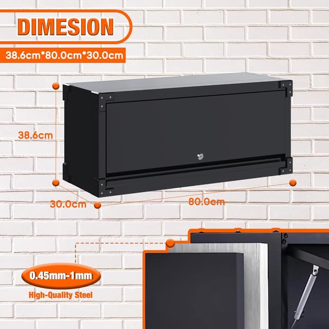 Detalle de SUPEER Hängeschrank aus Metall mit abschließbarer Klapptür (Edelstahloptik), H38,6 × B80 × T30 cm, schwarz