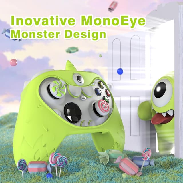 Detalle de playvital Cute Silicone Skin for Xbox Series X/S controller with thumb grip caps and stickers (MonoEye Monster Green)