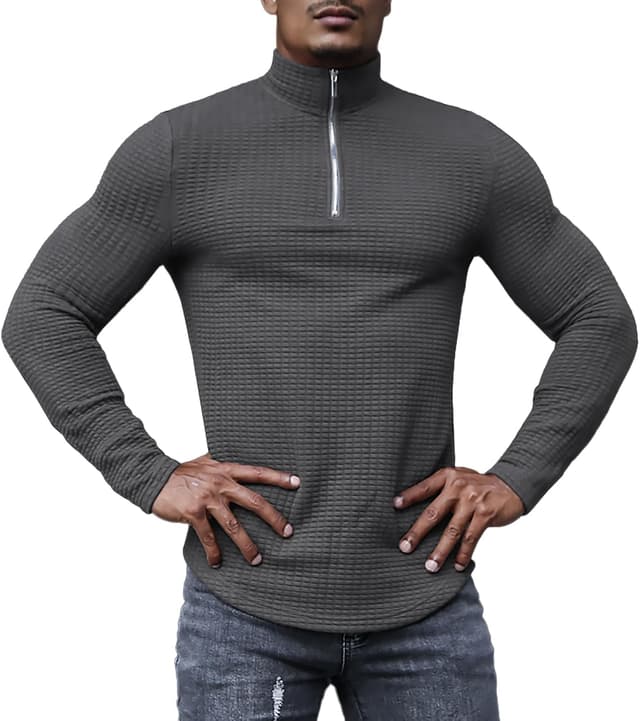 Detalle 2 de KUYIGO men’s long sleeve zip polo shirt (slim fit) in textured ribbed stretch fabric