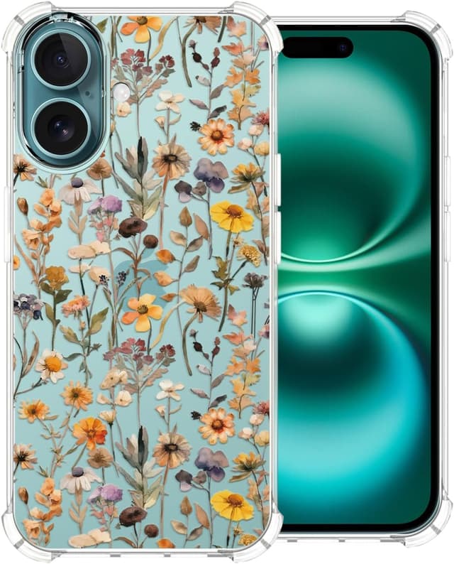 Detalle de CAROKI Clear Phone Case for iPhone 16 (6.1") – WildFlower Pattern TPU bumper cover