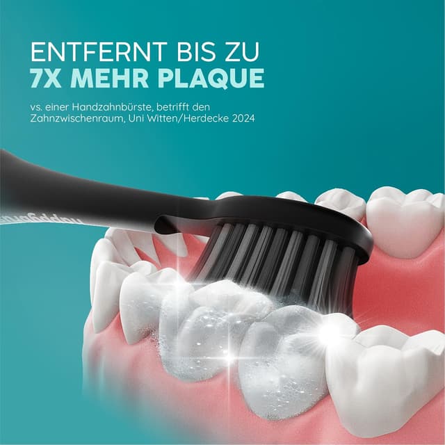 Detalle de happybrush® Schallzahnbürste Eco Vibe 3+ – elektrische Ultraschall-/Sonic-Zahnbürste mit 8-Wochen-Akku, 3 Modi & 2 Jahren Garantie (Black)