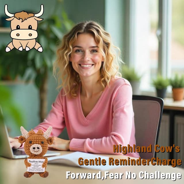 Detalle de QBEJIME Highland Cow Gifts for Women – Positive Crochet Animals & Cow Keyring with Encouraging Card