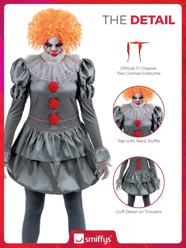 Detalle de Smiffys IT Chapter Two Pennywise Kostüm für Erwachsene – Kleid grau mit Nackenrüschen & Strumpfhosen, offiziell lizenziert