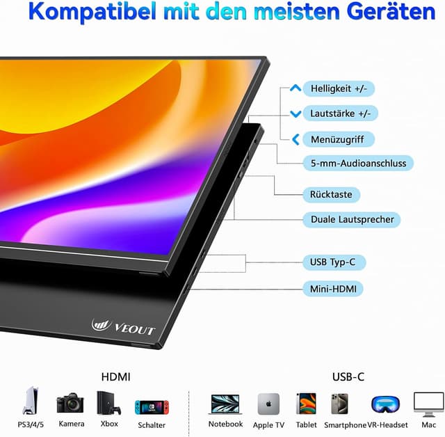 Detalle de Veout 16 Zoll Portable Monitor mit IPS