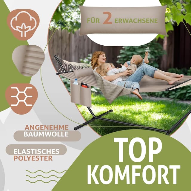 Detalle de KESSER® Hängematte Hill mit Gestell, Kissen & Doppel-Hängesessel für 2 Personen (bis 200 kg) – Taupe