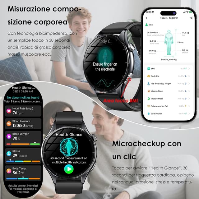 Detalle de Smartwatch uomo 2026 con ECG, glicemia, pressione, sonno e apnea notturna 1,56” AMOLED