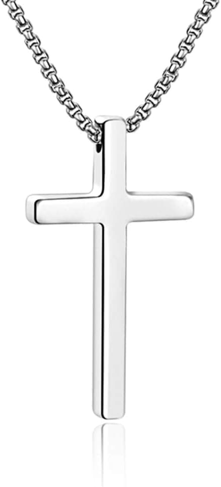 Detalle de TINGN Kreuz Halskette für Herren & Jungen aus Edelstahl – schlichtes Taufkreuz in Silberfarben (16–24")