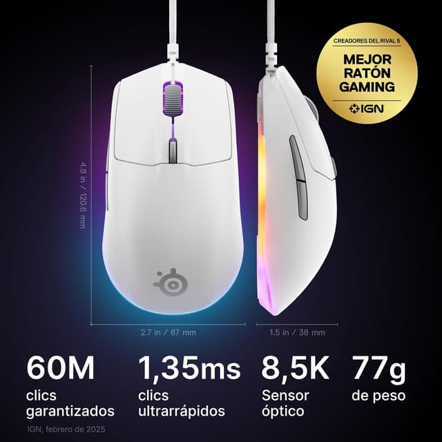 Detalle 2 de SteelSeries Rival 3 Gen 2 Ratón Gaming 8500 DPI RGB ⚪