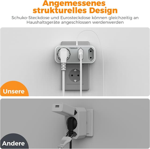 Detalle 1 de TESSAN Mehrfachstecker mit USB, 3-fach