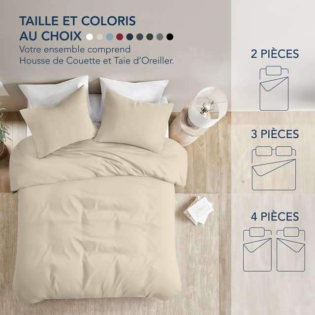 Detalle de Dreamzie – Lot de 2 housses de couette 135x200 avec 2 taies 80x80 en microfibre douce beige (parure 4 pièces, Oeko-Tex)
