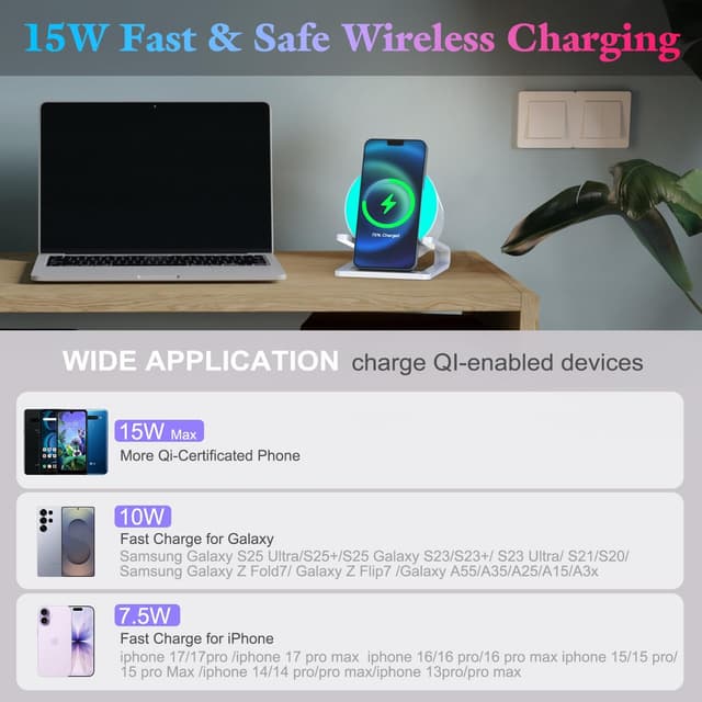 Detalle 2 de JAHAO Night Lights Bluetooth Speaker with 15W Wireless Charger & Dimmable LED Lamp