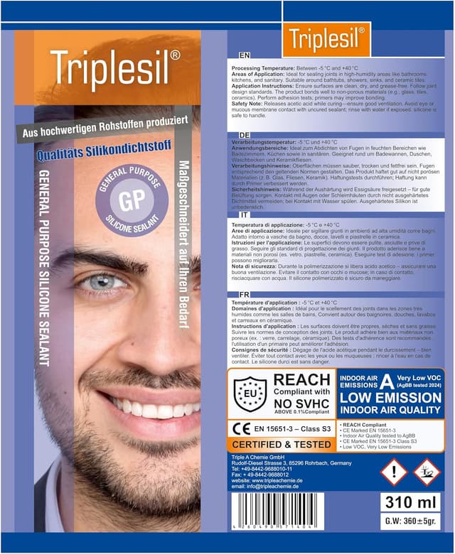 Detalle 2 de Triplesil GP Triplesil Premium Sanitärsilikon, 6×310 ml (transparent) – wasserbeständig zum Abdichten