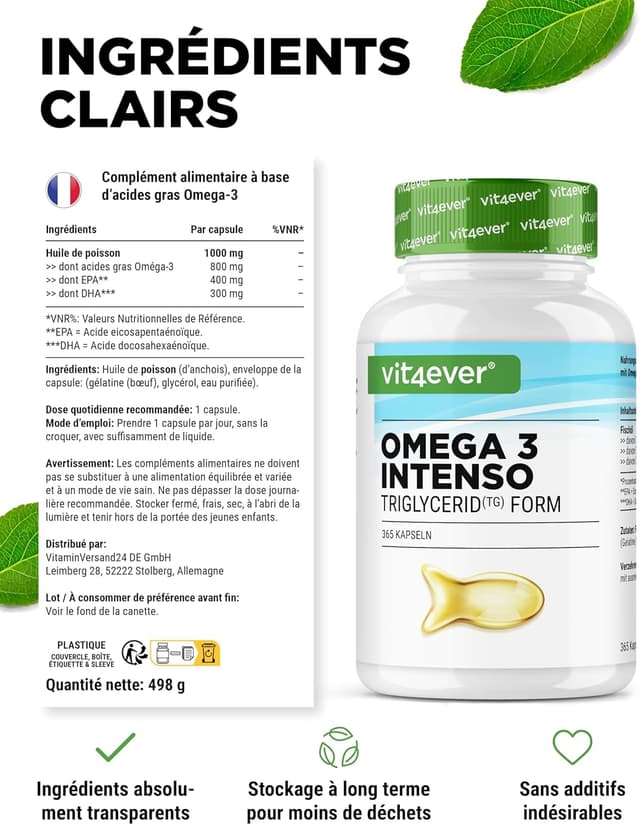 Detalle de Omega 3 Premium en triglycérides – 365 gélules (1000 mg d’huile de poisson, EPA & DHA)