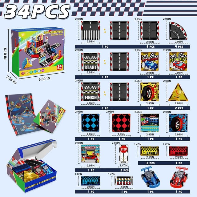 Detalle 2 de Magnetic Tiles Road Set (34-Piece) Magnetic Car Race Track for Kids Ages 4–8