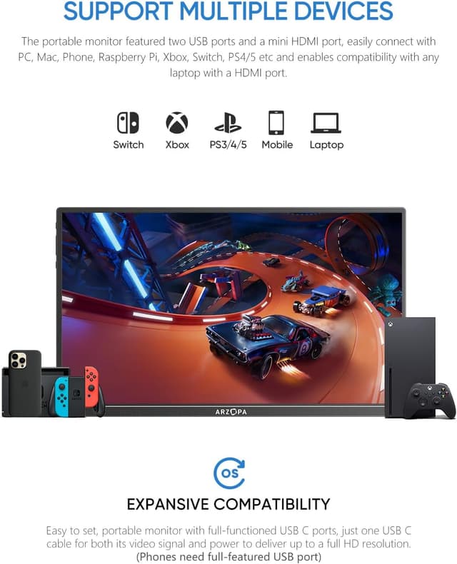 Detalle de ARZOPA A1S 14-inch Portable Monitor (FHD IPS 1920×1080) with single-rod stand