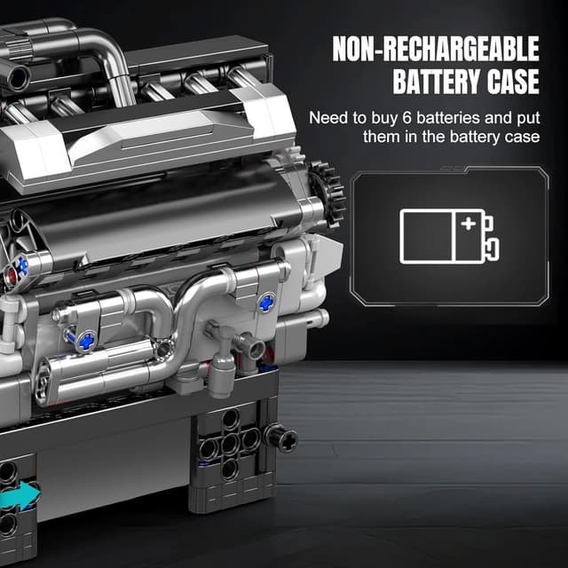 Detalle de Mould King 10205 Technik V12 – moteur en blocs de construction (733 pièces) avec boîtier batterie 9V