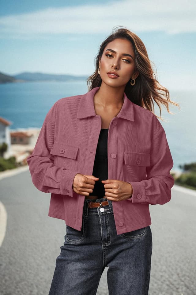 Detalle de IWOLLENCE Cordjacke Damen Hemdjacke Cordhemd – kurze Shacket mit Revers und Knopfleiste