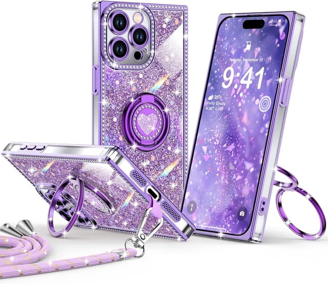 Detalle de XYZ Glitter Bling Case for iPhone 15 Pro Max (Purple) with Heart Stand & Lanyard