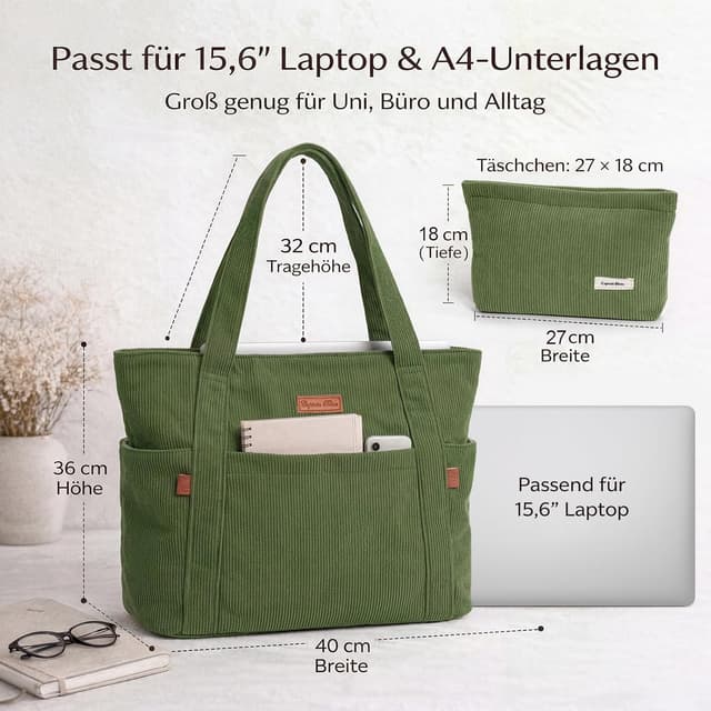 Detalle de Captain Blues women’s corduroy tote bag with zip – large laptop compartment work & school bag