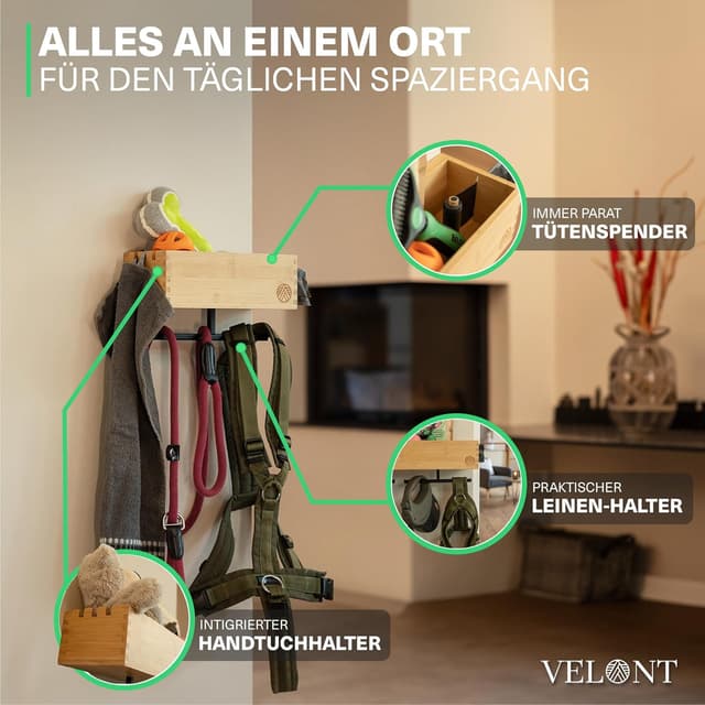 Detalle de VELONT Hundegarderobe mit Ablage personalisiert (Größe XL) – Dogstation für Leinen & Zubehör inkl. Kotbeutelspender und Montagekit